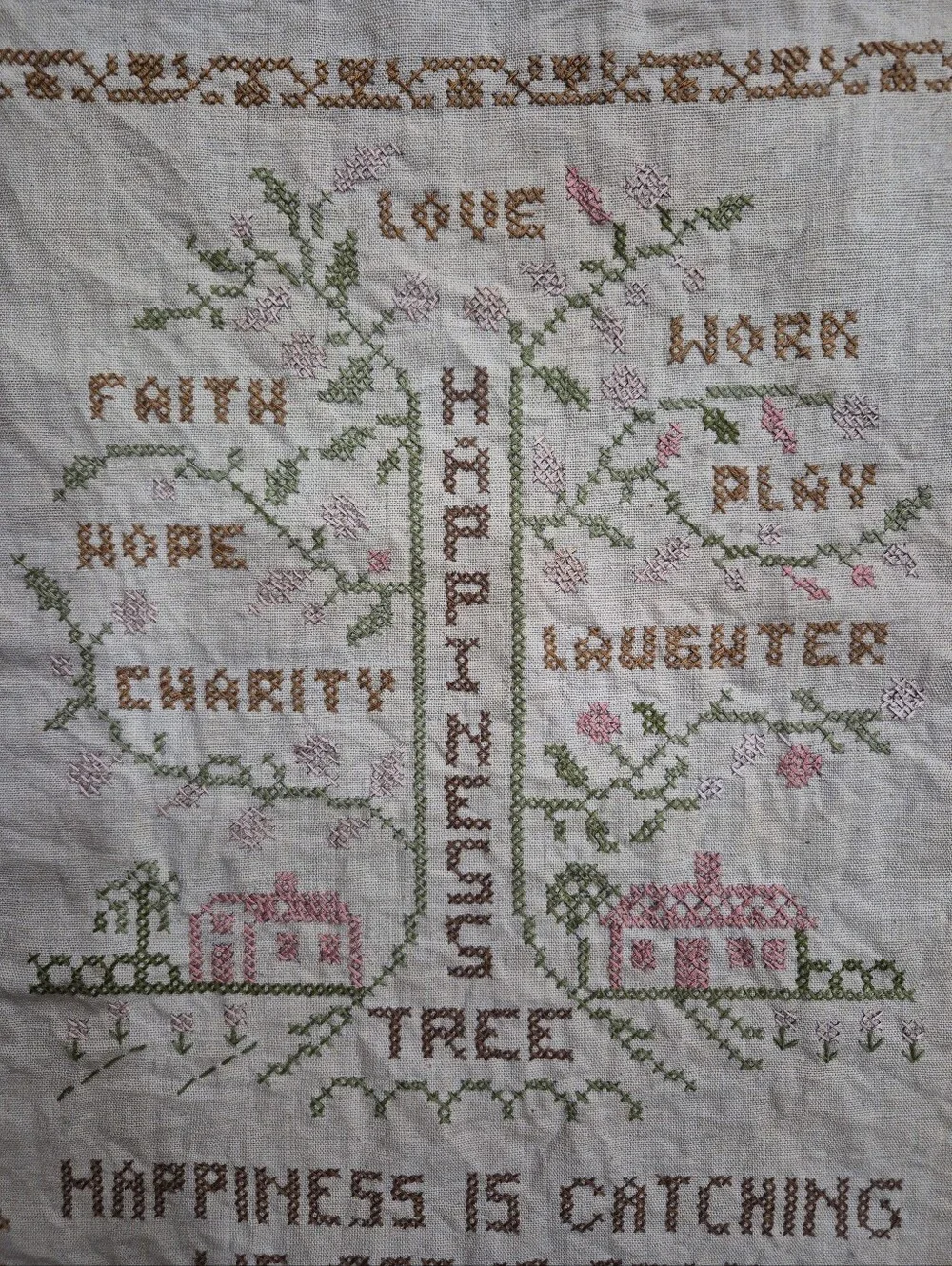 Vintage Happiness Tree Embroidered Cross Stitch Sampler Linen Fabric Large
